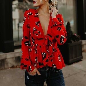 Vici Rendezvous Red Floral Deep Balloon sleeve Peplum Blouse